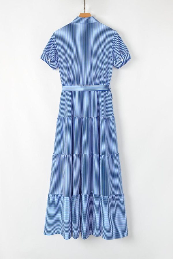 Maxi Dresses | Women Blue Striped Button Front Belted Shirt Collar Maxi Dress - Image 2