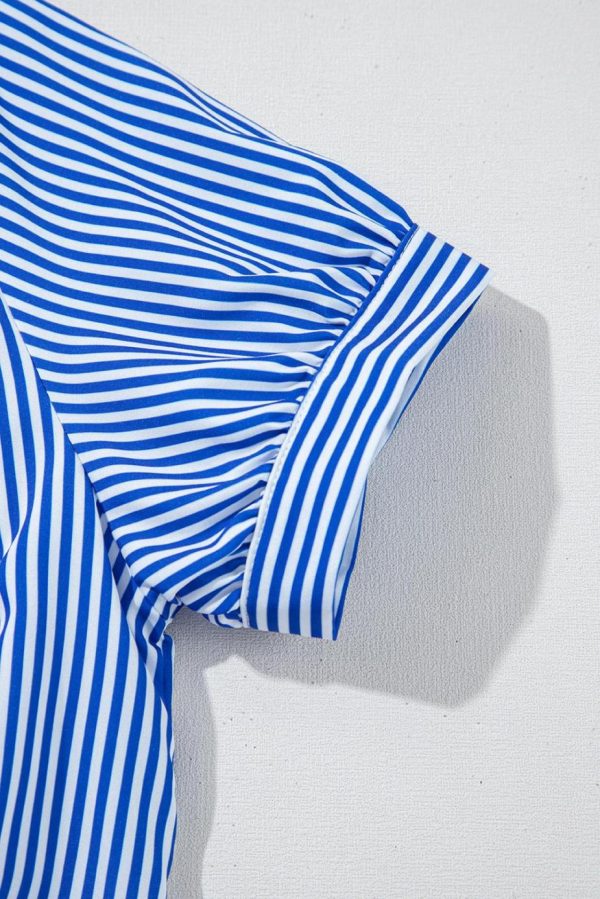 Maxi Dresses | Women Blue Striped Button Front Belted Shirt Collar Maxi Dress - Image 4