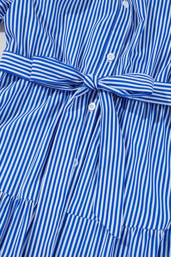 Maxi Dresses | Women Blue Striped Button Front Belted Shirt Collar Maxi Dress - Image 7