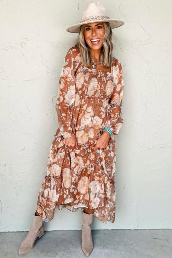 Maxi Dresses | Women Brown Floral Print Shirred Square Neck High Waist Maxi Dress