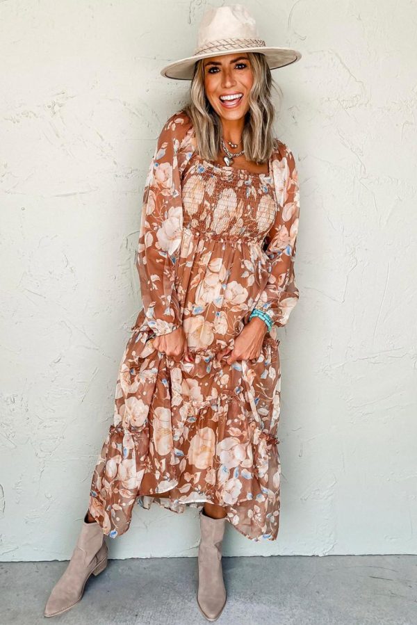 Maxi Dresses | Women Brown Floral Print Shirred Square Neck High Waist Maxi Dress