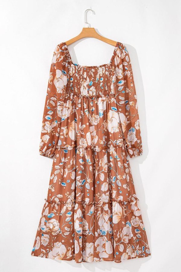 Maxi Dresses | Women Brown Floral Print Shirred Square Neck High Waist Maxi Dress - Image 2