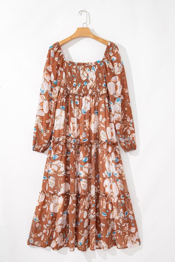 Maxi Dresses | Women Brown Floral Print Shirred Square Neck High Waist Maxi Dress - Image 3
