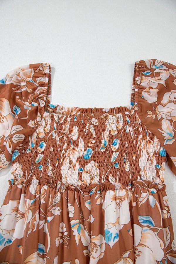 Maxi Dresses | Women Brown Floral Print Shirred Square Neck High Waist Maxi Dress - Image 4