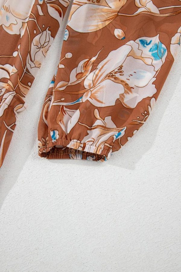 Maxi Dresses | Women Brown Floral Print Shirred Square Neck High Waist Maxi Dress - Image 5