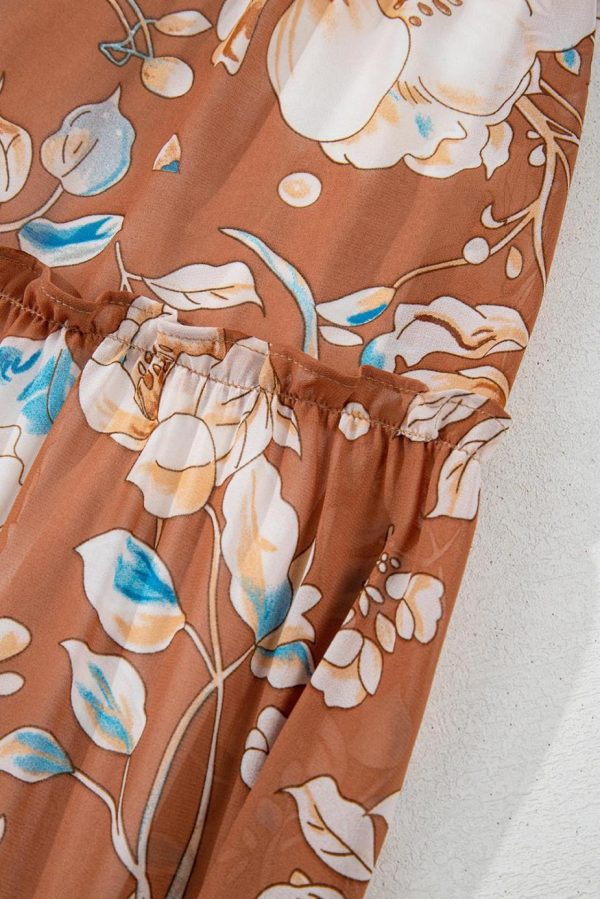 Maxi Dresses | Women Brown Floral Print Shirred Square Neck High Waist Maxi Dress - Image 6