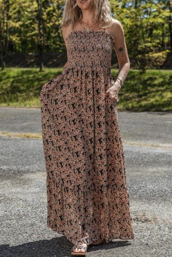 Maxi Dresses | Women Brown Floral Smocked Bodice High Waist Flowy Sun Dress