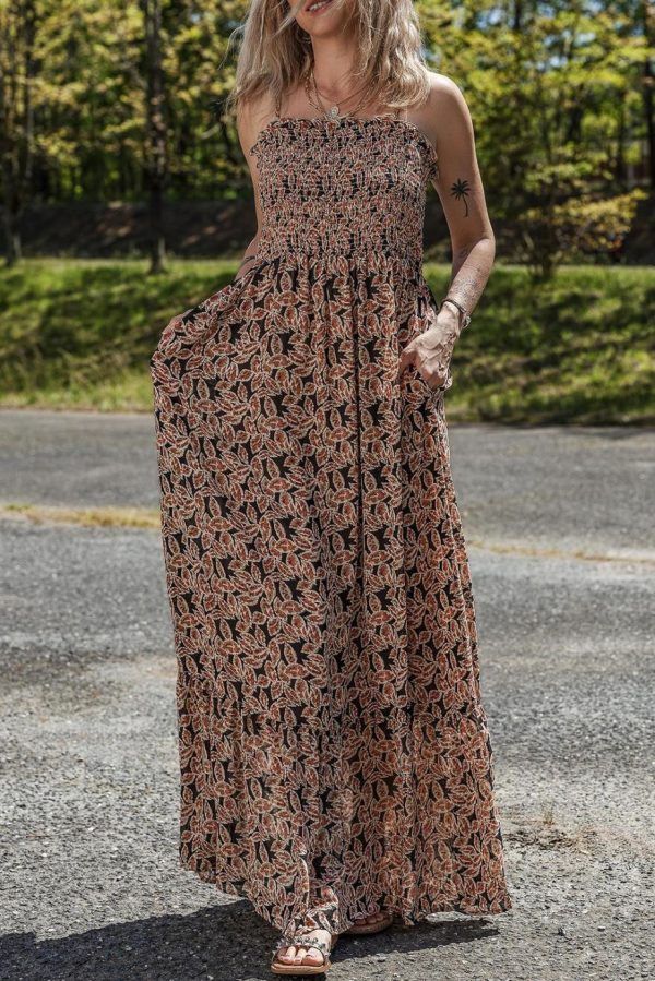 Maxi Dresses | Women Brown Floral Smocked Bodice High Waist Flowy Sun Dress
