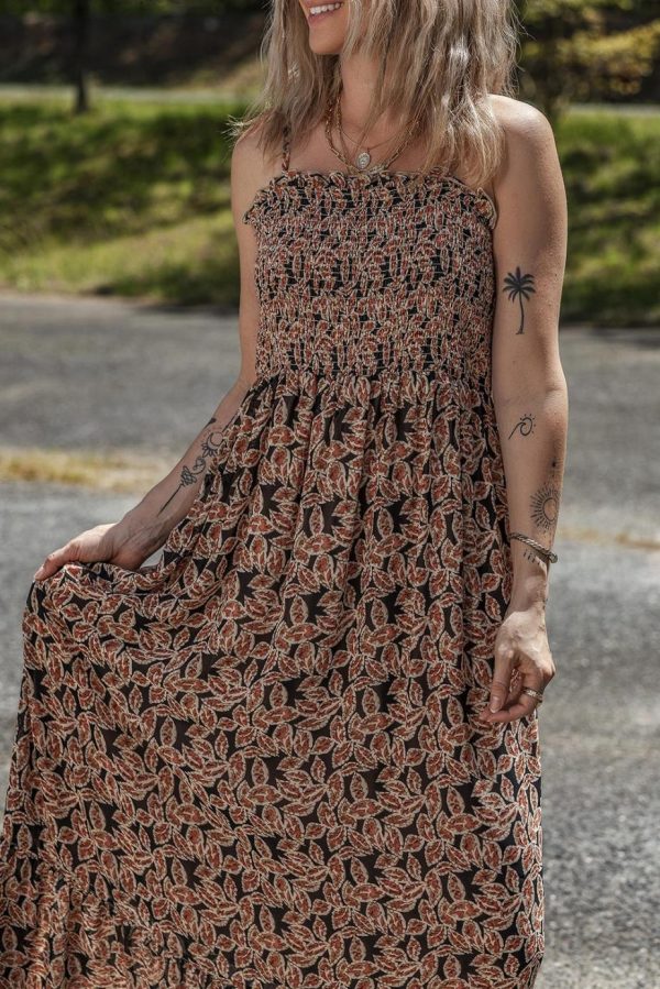 Maxi Dresses | Women Brown Floral Smocked Bodice High Waist Flowy Sun Dress - Image 3