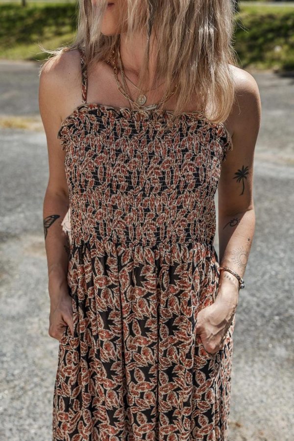 Maxi Dresses | Women Brown Floral Smocked Bodice High Waist Flowy Sun Dress - Image 4