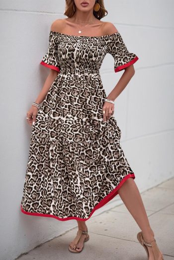 Maxi Dresses | Women Brown Leopard Print Shirred Off Shoulder Contrast Trim Maxi Dress