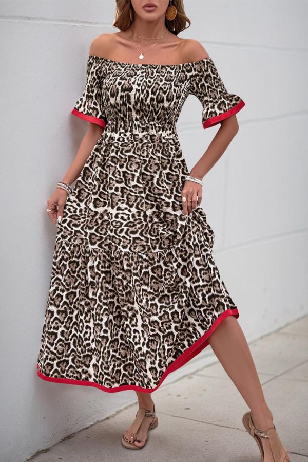 Maxi Dresses | Women Brown Leopard Print Shirred Off Shoulder Contrast Trim Maxi Dress