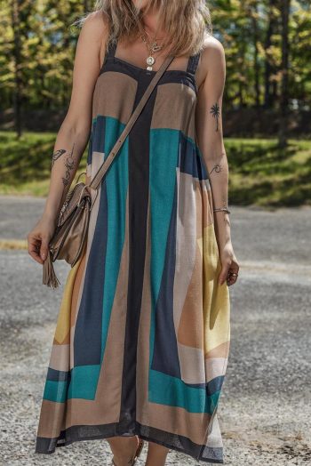 Maxi Dresses | Women Brown Retro Geometric Print Y Back Sleeveless Dress