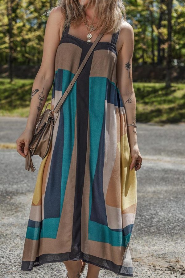 Maxi Dresses | Women Brown Retro Geometric Print Y Back Sleeveless Dress