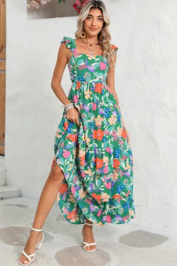 Maxi Dresses | Women Green Boho Floral Print Ruffle Sleeveless Tiered Maxi Dress