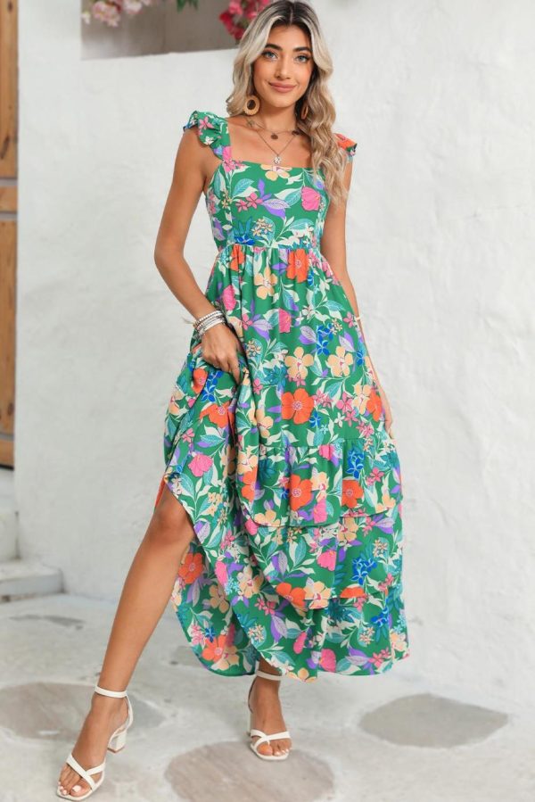 Maxi Dresses | Women Green Boho Floral Print Ruffle Sleeveless Tiered Maxi Dress