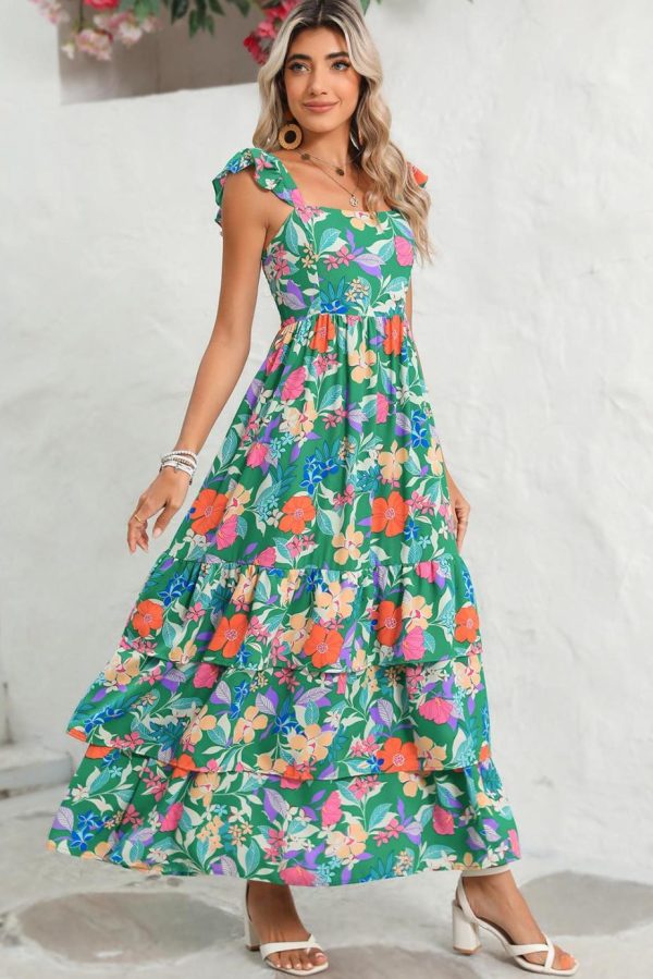 Maxi Dresses | Women Green Boho Floral Print Ruffle Sleeveless Tiered Maxi Dress - Image 2