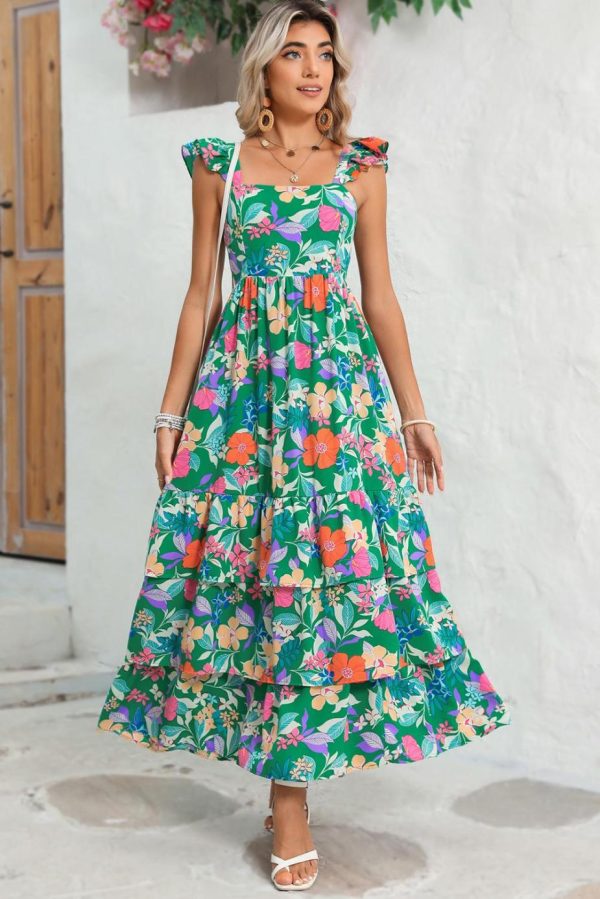 Maxi Dresses | Women Green Boho Floral Print Ruffle Sleeveless Tiered Maxi Dress - Image 3
