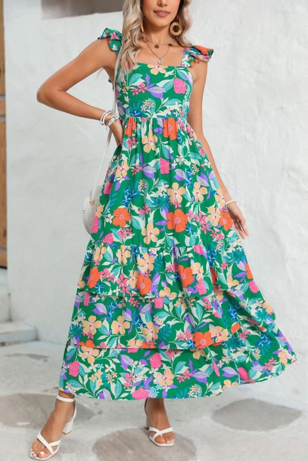 Maxi Dresses | Women Green Boho Floral Print Ruffle Sleeveless Tiered Maxi Dress - Image 4