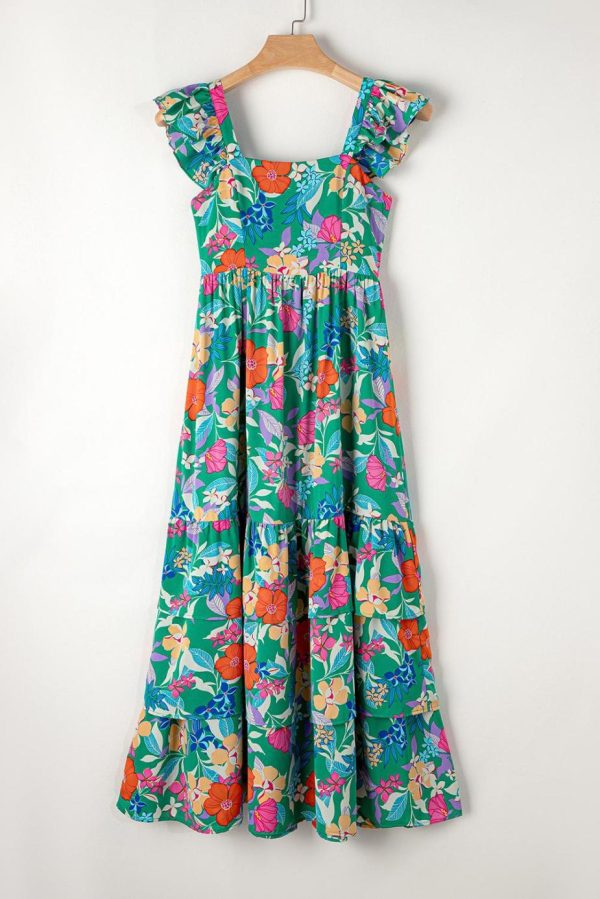 Maxi Dresses | Women Green Boho Floral Print Ruffle Sleeveless Tiered Maxi Dress - Image 5