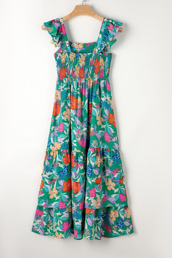 Maxi Dresses | Women Green Boho Floral Print Ruffle Sleeveless Tiered Maxi Dress - Image 6