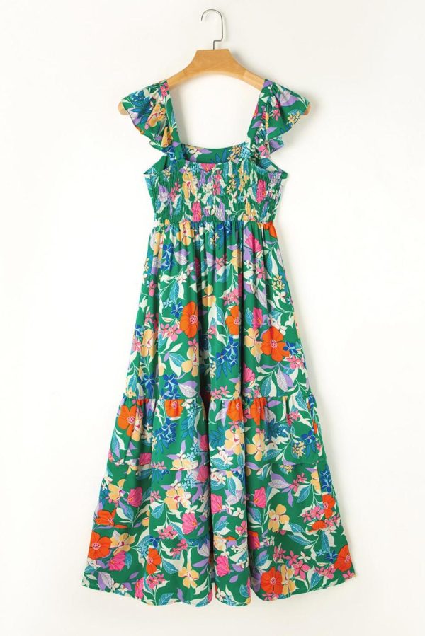 Maxi Dresses | Women Green Boho Floral Print Ruffle Sleeveless Tiered Maxi Dress - Image 7