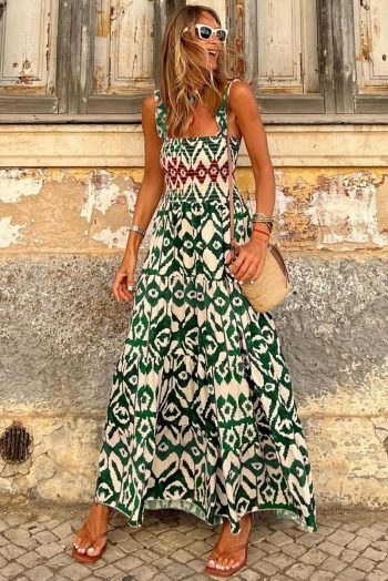 Maxi Dresses | Women Green Boho Shirred A Line Sleeveless Maxi Dress