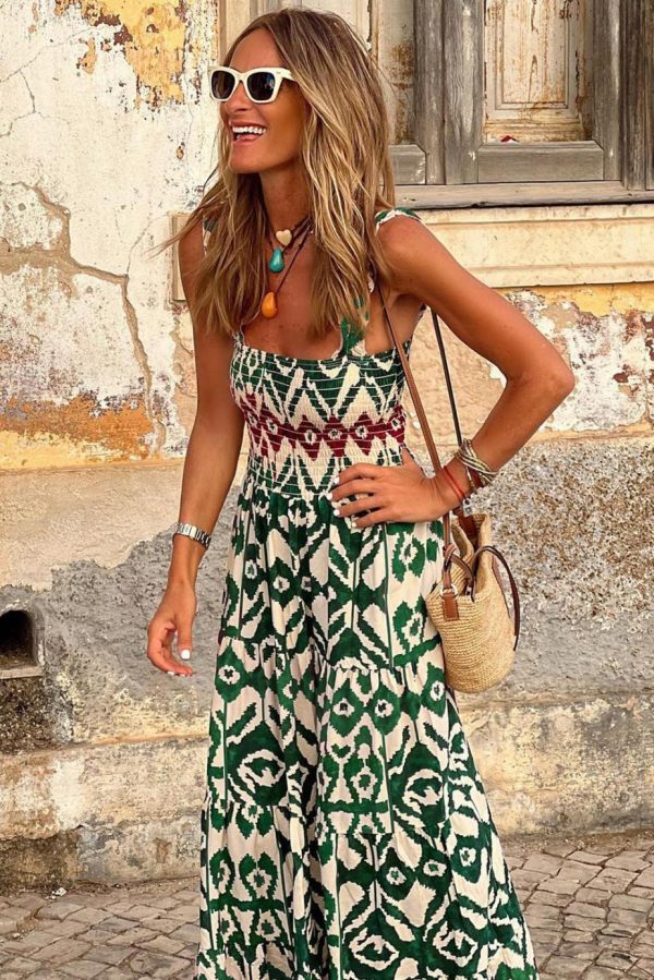 Maxi Dresses | Women Green Boho Shirred A Line Sleeveless Maxi Dress - Image 2