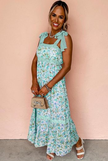 Maxi Dresses | Women Green Floral Lace Tied Strap Empire Waist Maxi Dress