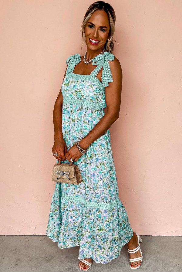 Maxi Dresses | Women Green Floral Lace Tied Strap Empire Waist Maxi Dress