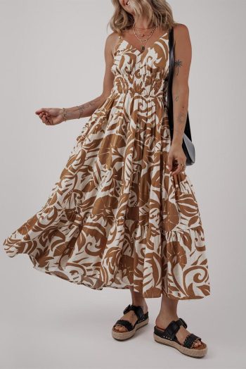 Maxi Dresses | Women Khaki Floral Shirred High Waist Spaghetti Straps Maxi Dress