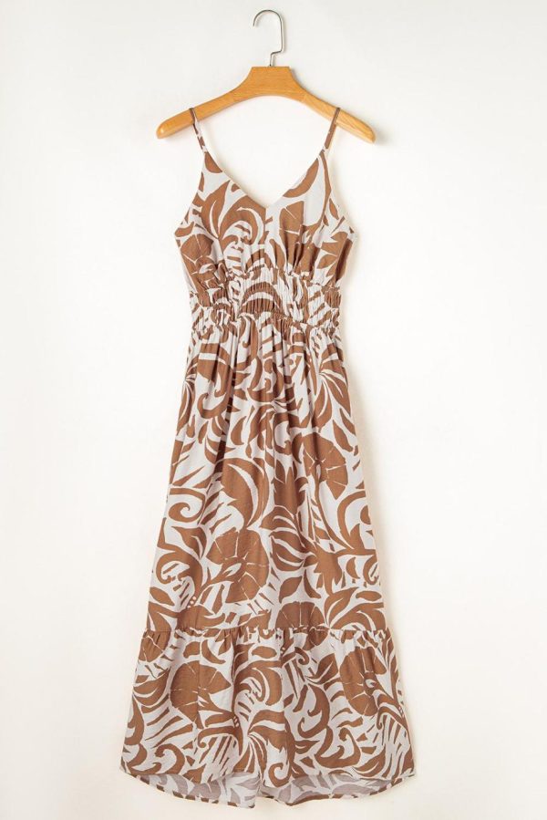 Maxi Dresses | Women Khaki Floral Shirred High Waist Spaghetti Straps Maxi Dress - Image 4