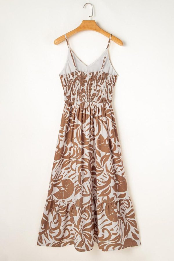Maxi Dresses | Women Khaki Floral Shirred High Waist Spaghetti Straps Maxi Dress - Image 5