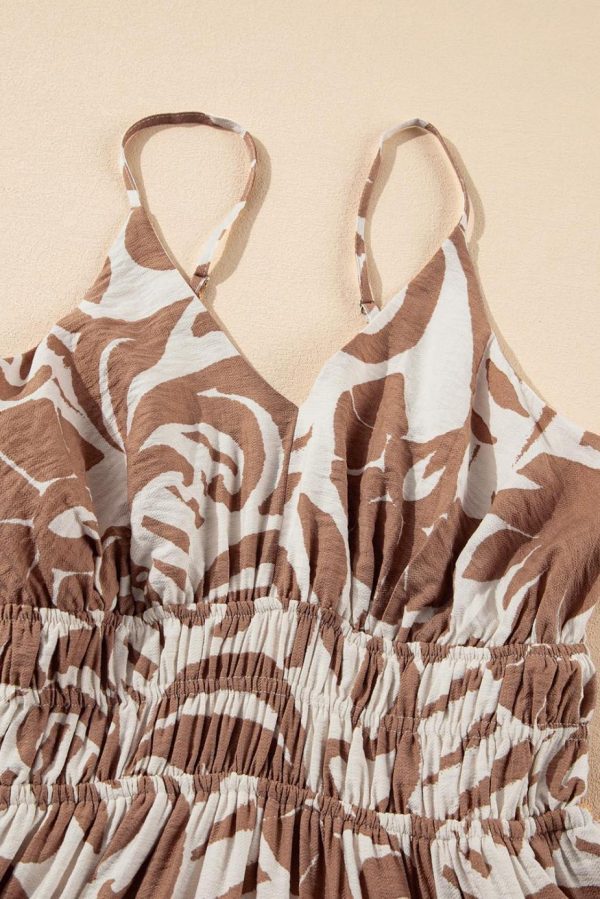 Maxi Dresses | Women Khaki Floral Shirred High Waist Spaghetti Straps Maxi Dress - Image 6