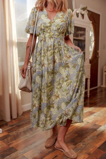Maxi Dresses | Women Multicolour Vintage Floral V Neck Short Puff Sleeve Maxi Dress