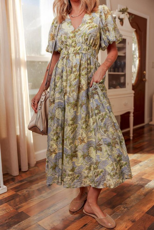 Maxi Dresses | Women Multicolour Vintage Floral V Neck Short Puff Sleeve Maxi Dress - Image 2