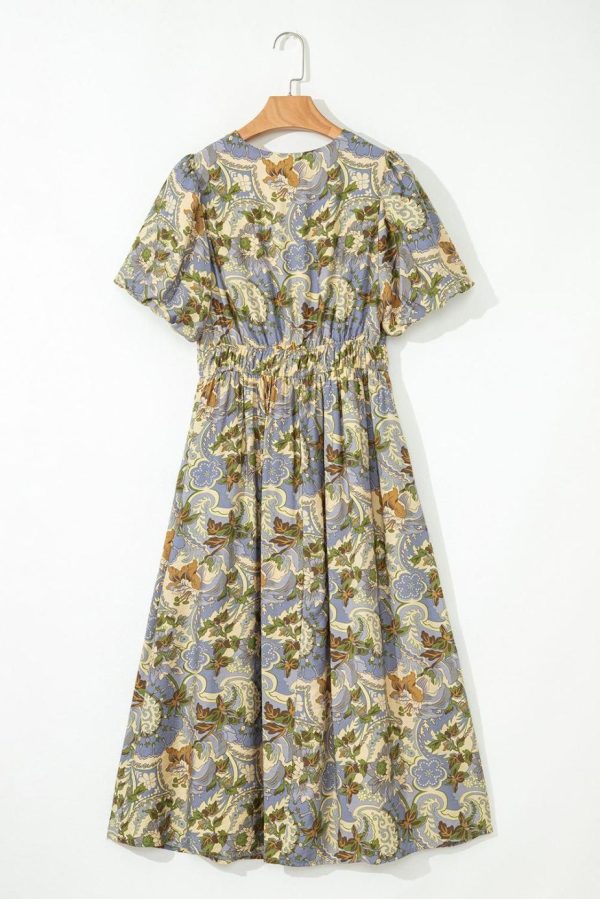 Maxi Dresses | Women Multicolour Vintage Floral V Neck Short Puff Sleeve Maxi Dress - Image 4