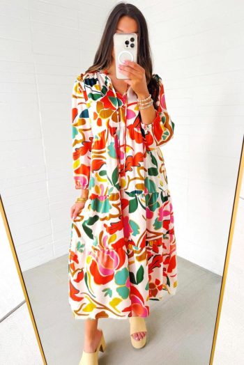 Maxi Dresses | Women Orange Abstract Tie V Neck Tiered Maxi Dress