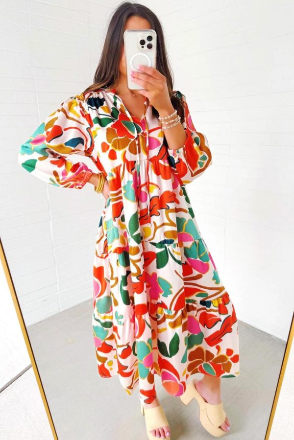 Maxi Dresses | Women Orange Abstract Tie V Neck Tiered Maxi Dress - Image 2