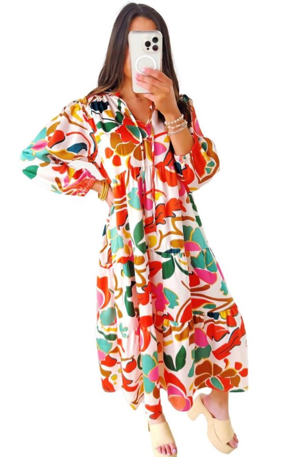 Maxi Dresses | Women Orange Abstract Tie V Neck Tiered Maxi Dress - Image 3