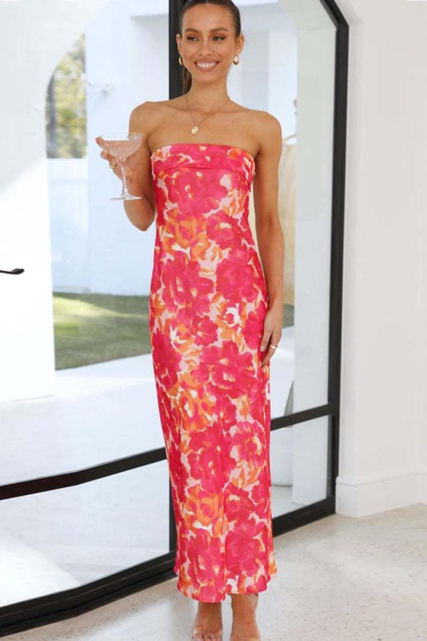 Maxi Dresses | Women Orange Floral Print Backless Slim Fit Tube Maxi Dress - Image 2