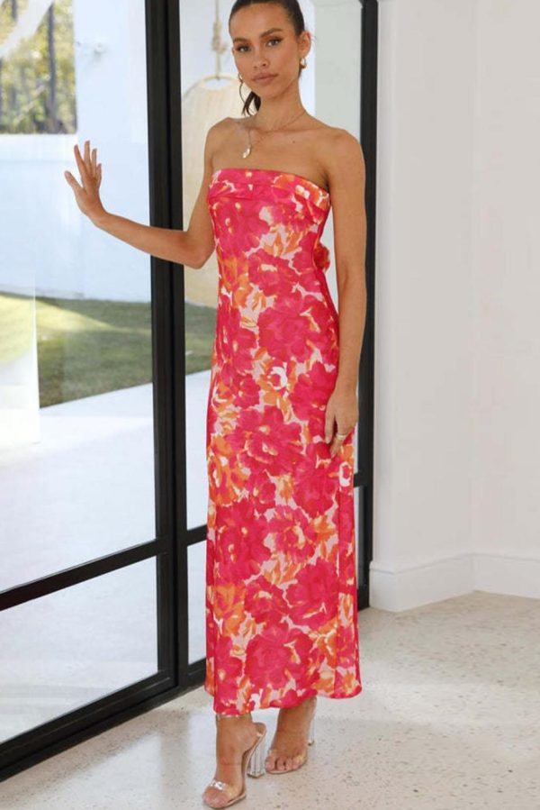 Maxi Dresses | Women Orange Floral Print Backless Slim Fit Tube Maxi Dress - Image 4