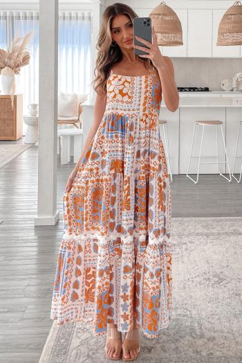 Maxi Dresses | Women Orange Floral Print Ricrac Trim Spaghetti Straps Maxi Dress