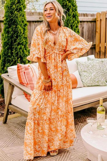 Maxi Dresses | Women Orange Floral Print Smocked V Neck Bell Sleeve Maxi Dress