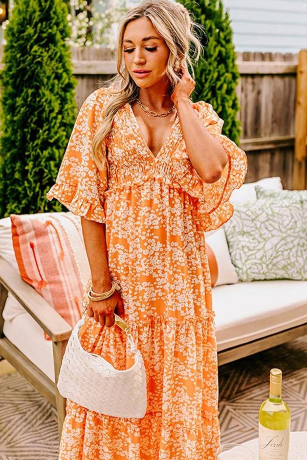 Maxi Dresses | Women Orange Floral Print Smocked V Neck Bell Sleeve Maxi Dress - Image 2