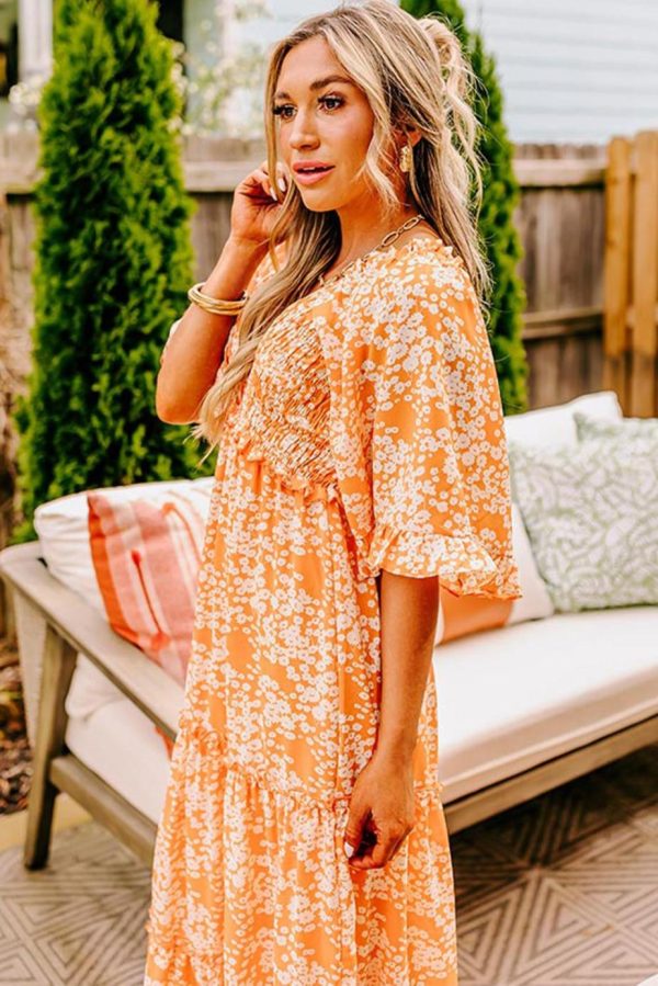 Maxi Dresses | Women Orange Floral Print Smocked V Neck Bell Sleeve Maxi Dress - Image 3