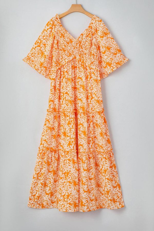 Maxi Dresses | Women Orange Floral Print Smocked V Neck Bell Sleeve Maxi Dress - Image 4