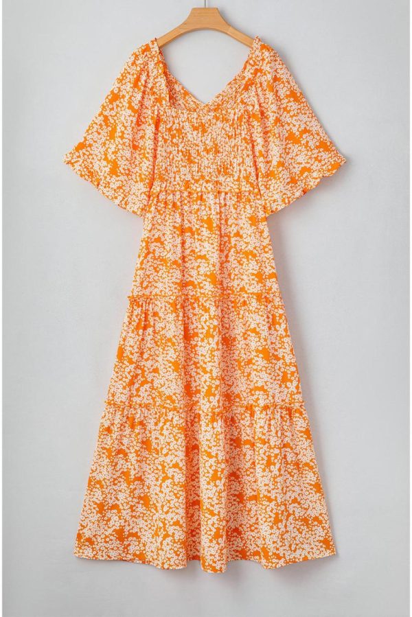 Maxi Dresses | Women Orange Floral Print Smocked V Neck Bell Sleeve Maxi Dress - Image 5