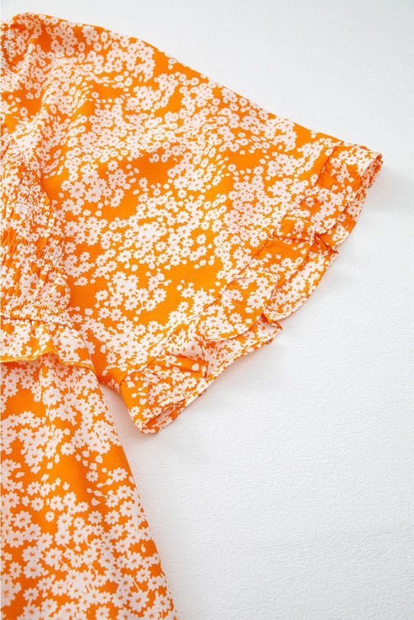 Maxi Dresses | Women Orange Floral Print Smocked V Neck Bell Sleeve Maxi Dress - Image 7