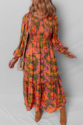 Maxi Dresses | Women Orange Floral Puff Sleeve Smocked Bodice Frill Tiered Dress
